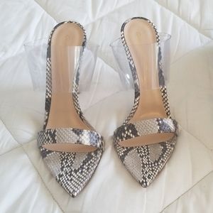 Snakeskin and plexi pointed toe sandal pump